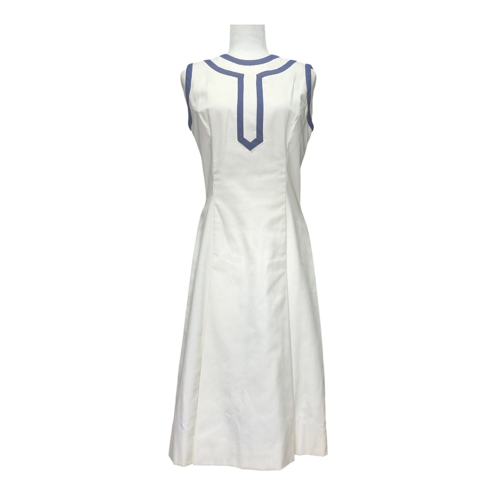 Vintage 60s Mod White A-Line Midi Dress Blue Trim Sleeveless Geometric Tailored